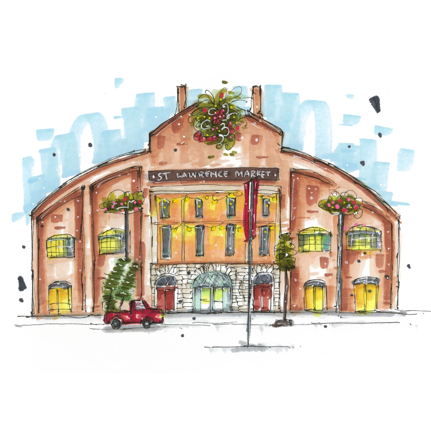 Vintage-style red pickup truck at St Lawrence Market Christmas Card - Downtown Sketcher