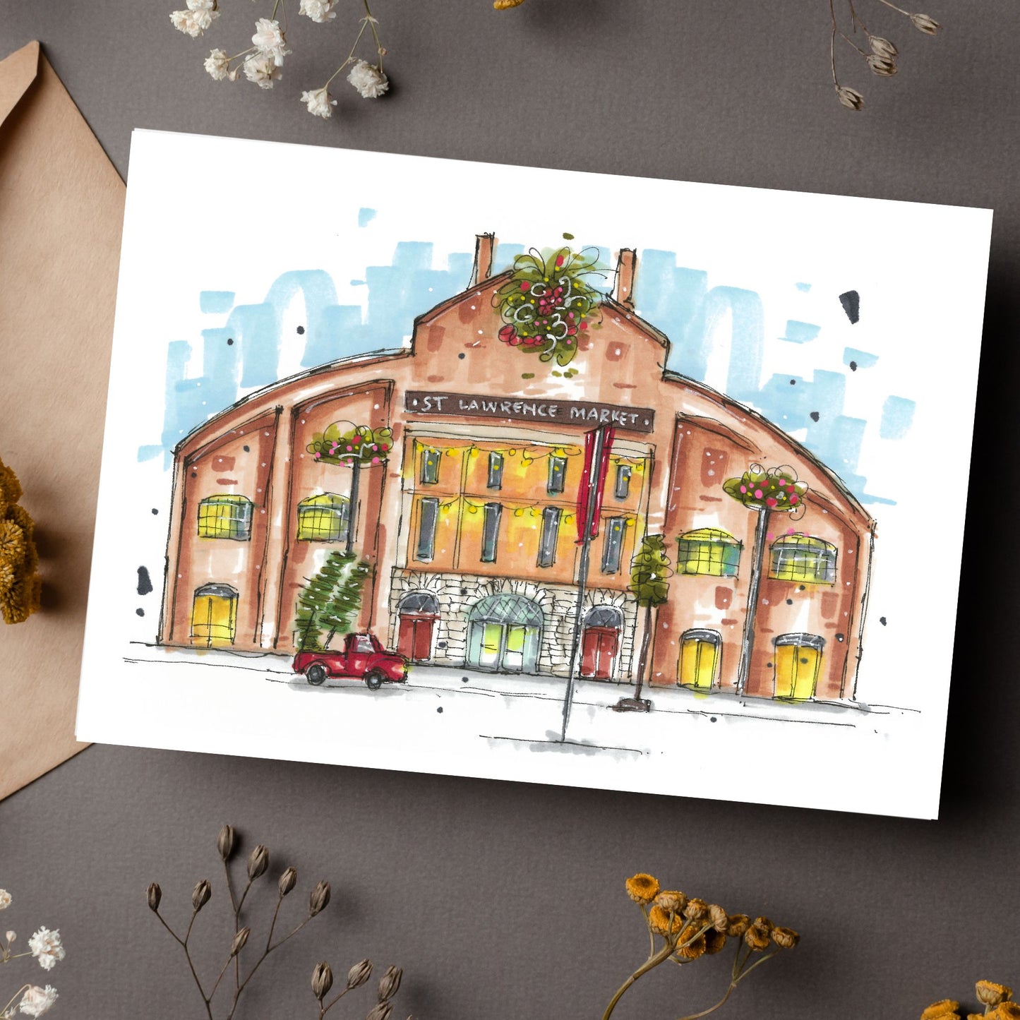 Vintage-style red pickup truck at St Lawrence Market Christmas Card - Downtown Sketcher